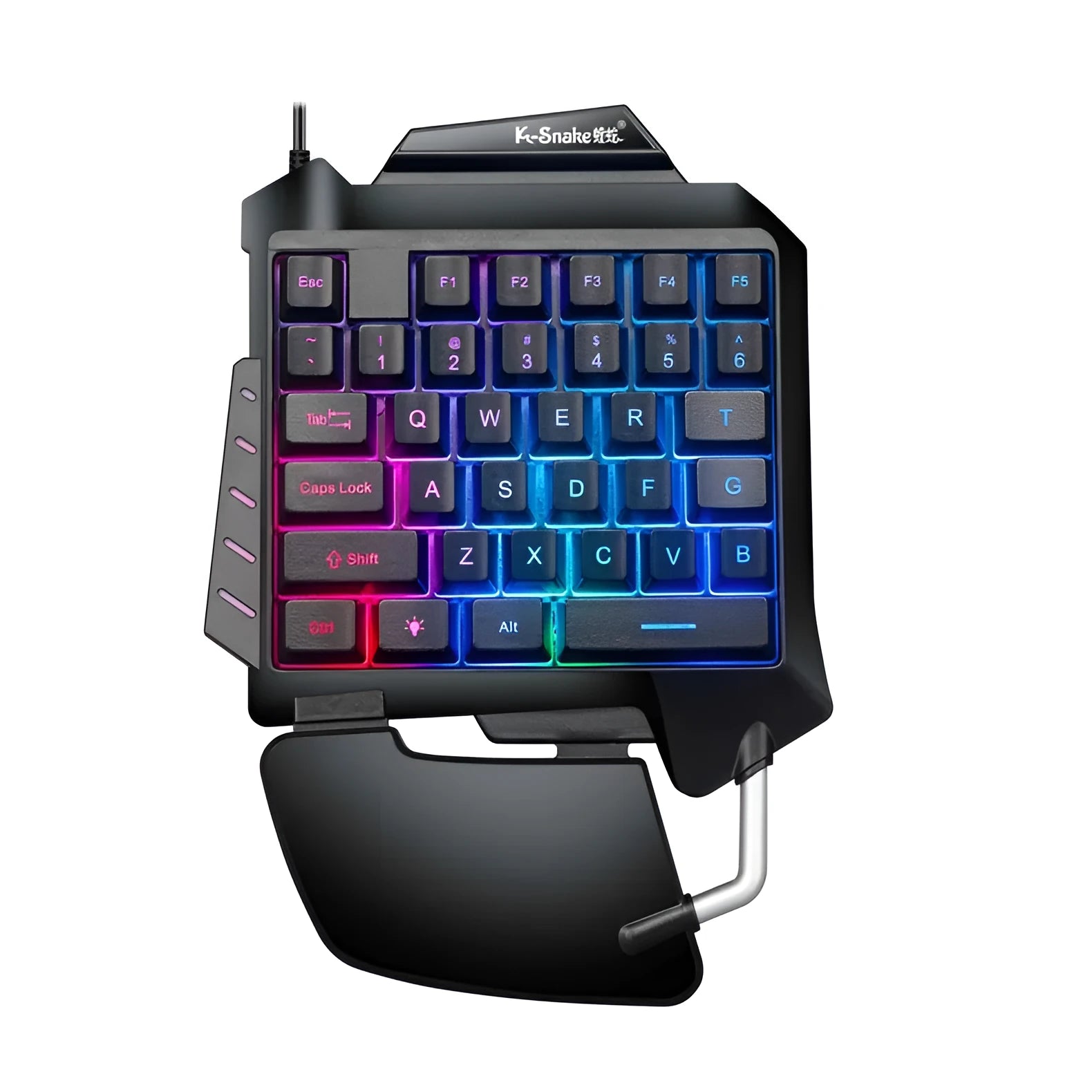 Black left-handed one-handed USB gaming keyboard with integrated hand rest for desktop PCs.