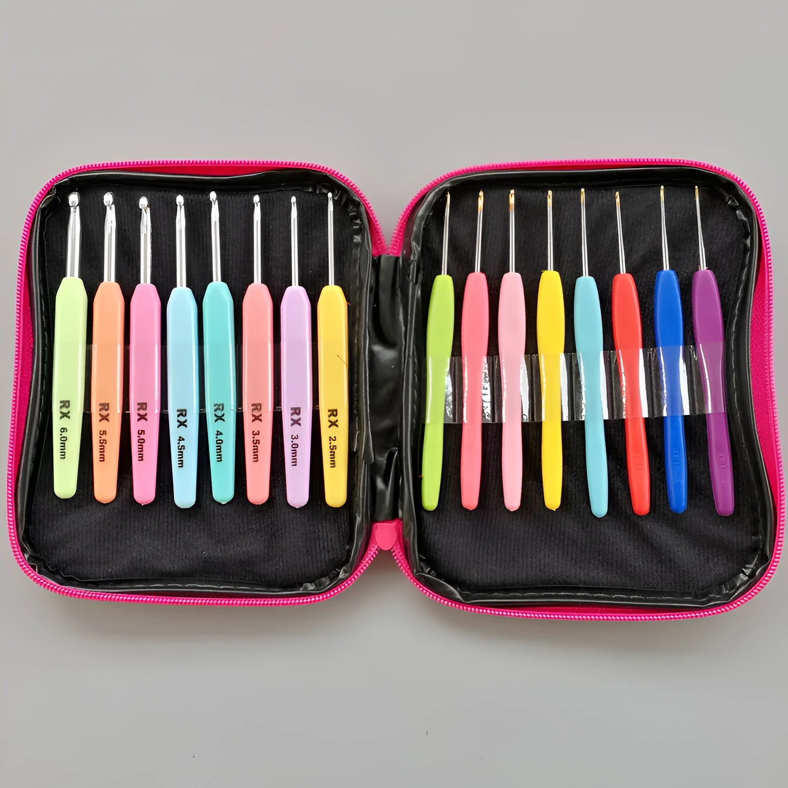 Complete set of 16 crochet hooks in a PU bag, showing thick and thin handles in sizes 1.0mm to 6.0mm.