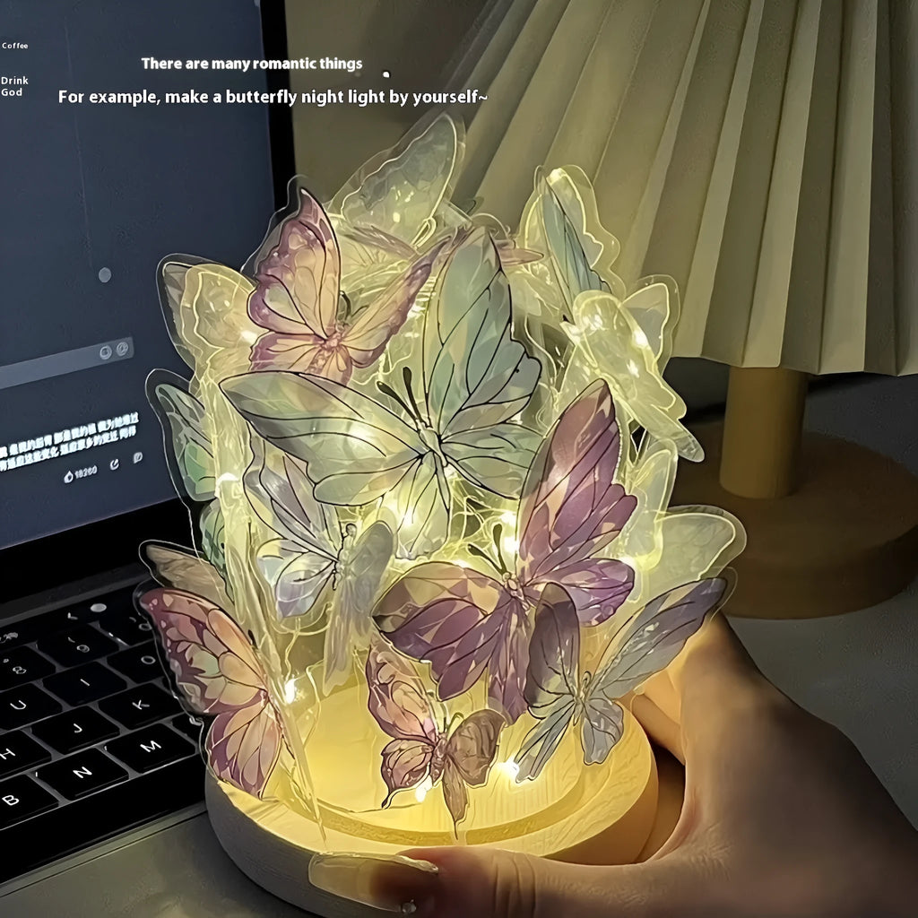 Butterfly shaped night lamp with glass shade and raw wood base on bedside table