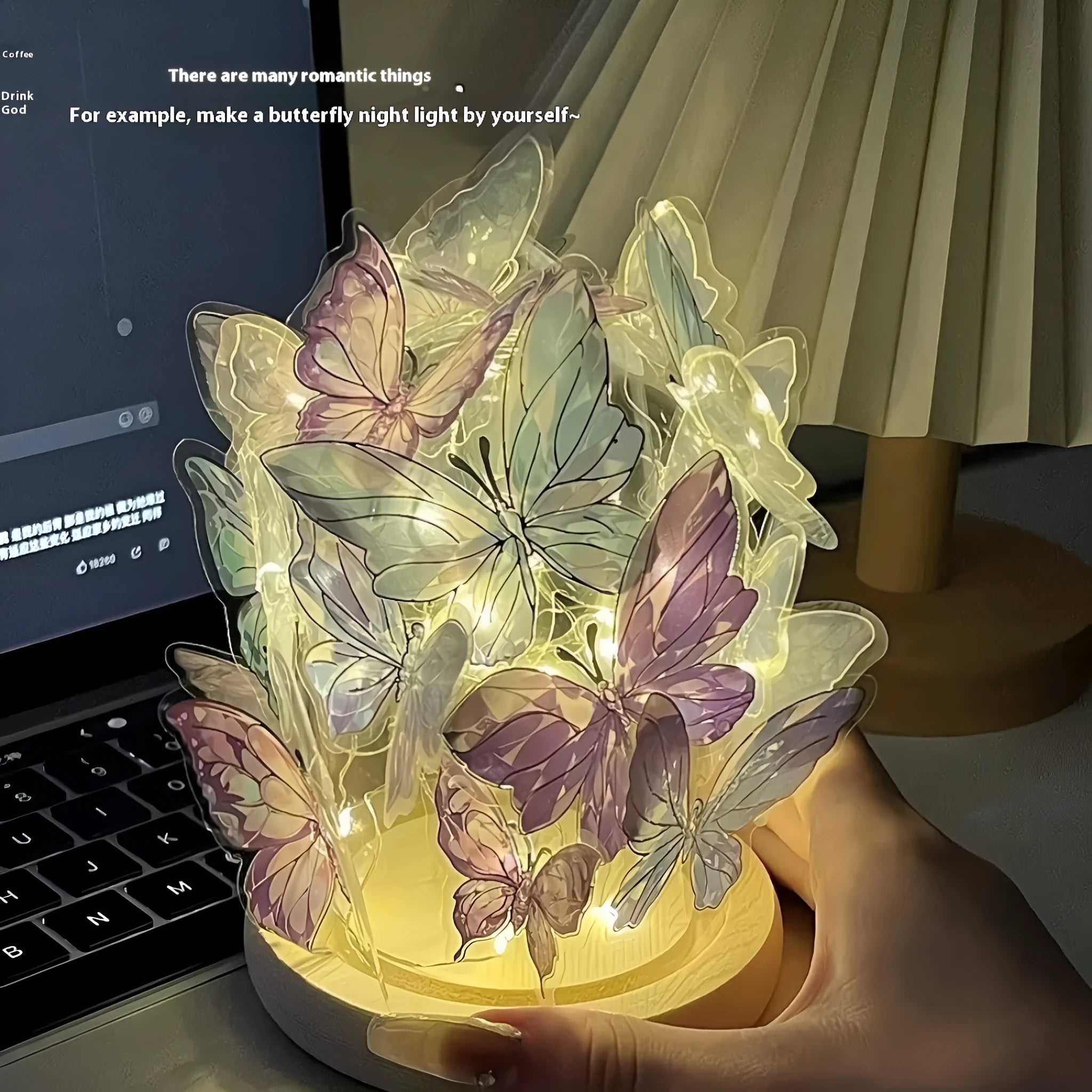 Butterfly shaped night lamp with glass shade and raw wood base on bedside table