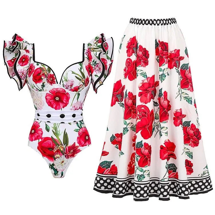 Women's printed one-piece swimsuit in blue, pink, white, or red apron set designs, size S M L XL.
