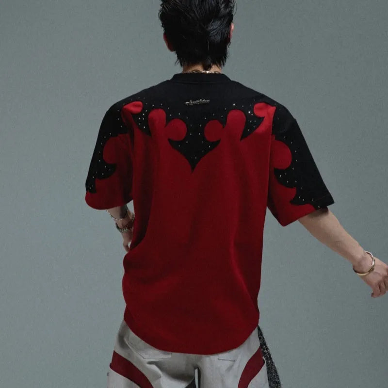 Men's red cotton shirt with burnt flower stitching pattern and rhinestone details on short sleeves