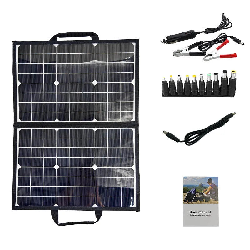 Black 40W portable solar folding panel showing folded dimensions of 425x285x8mm with single crystal cells
