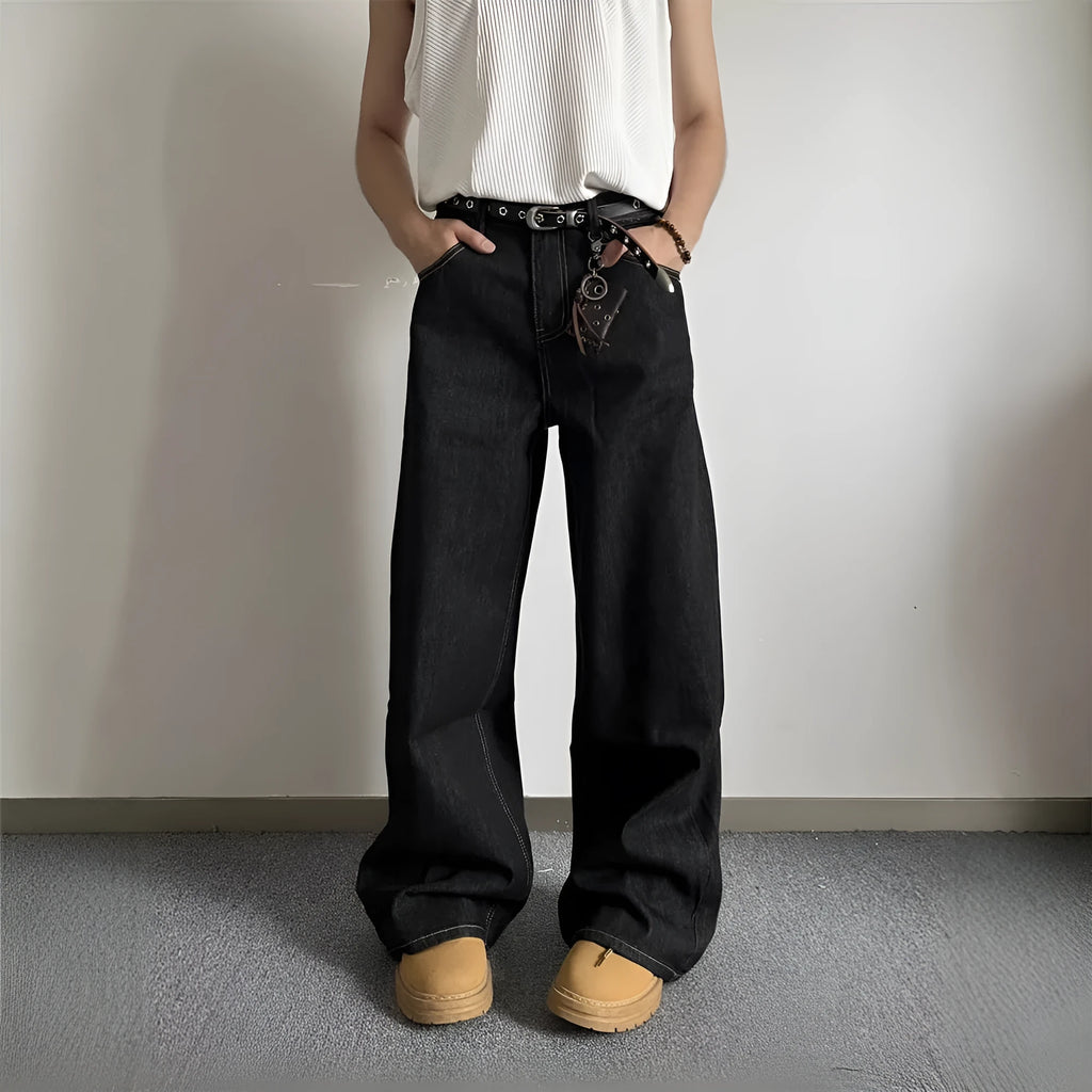 Black retro wide-leg jeans with straight-leg design and zip placket closure