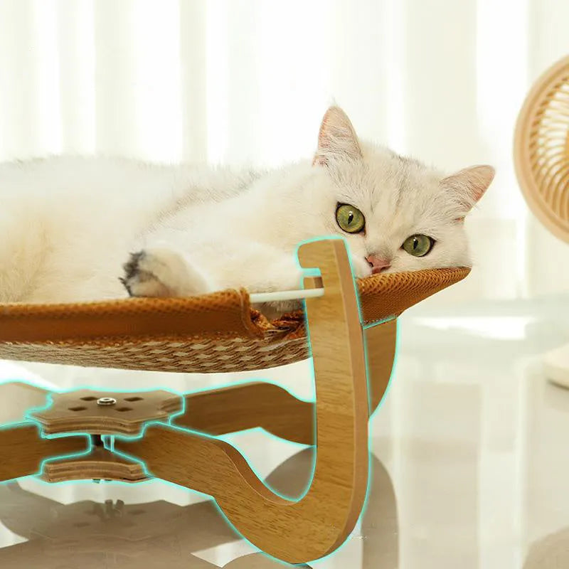 Brown woven rattan raised pet bed for cats and dogs, measuring 46cm square.