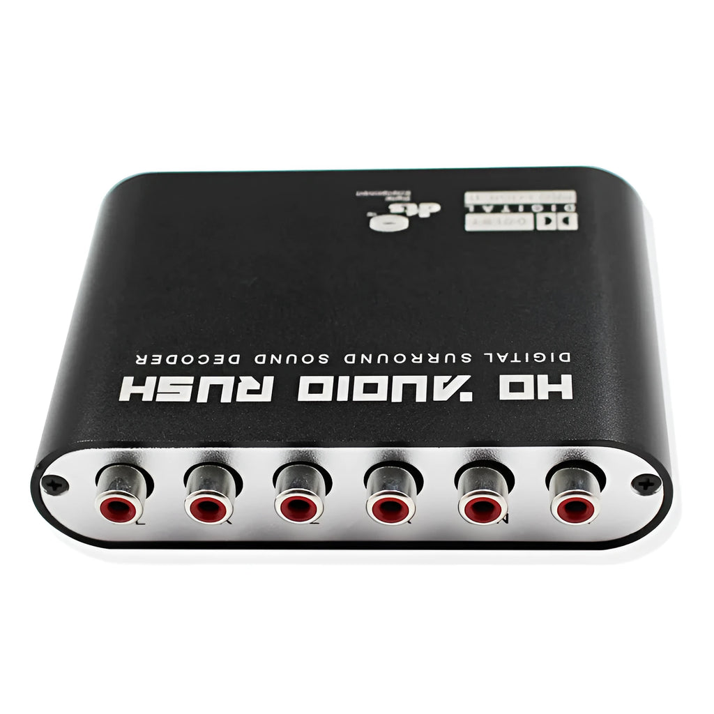 Black DTS Dolby Digital audio decoder with optical, coaxial, and analogue input ports on the rear panel.
