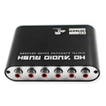 Black DTS Dolby Digital audio decoder with optical, coaxial, and analogue input ports on the rear panel.