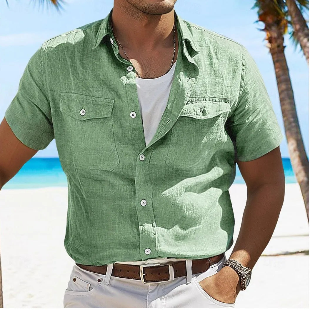 Men's loose-fit solid colour cotton shirt with polo collar and long sleeves in apricot, grey, green, or sky blue.