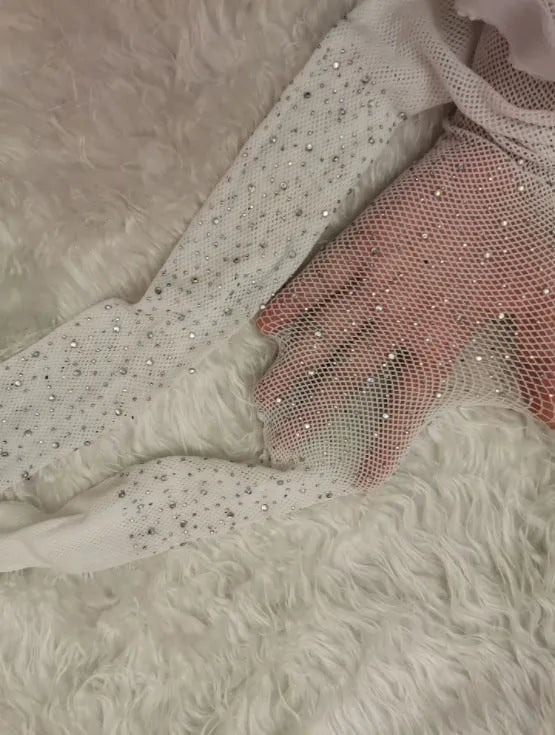 Women's nylon fishnet stockings with diamond mesh pattern in skin colour, black, or white
