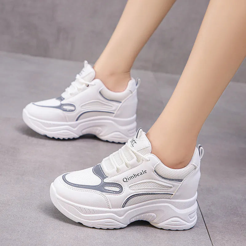 White height-increasing dad shoes mesh PU upper wedge heel 6-8cm platform casual sneakers