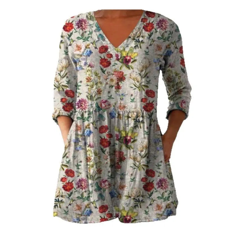 Women's printed dress with wave pattern, 3/4 sleeves and loose wide waist fit