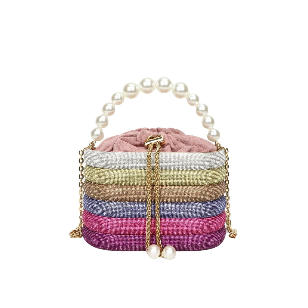 Women's retro style crossbody dinner bag with pearl detailing in soft PU leather