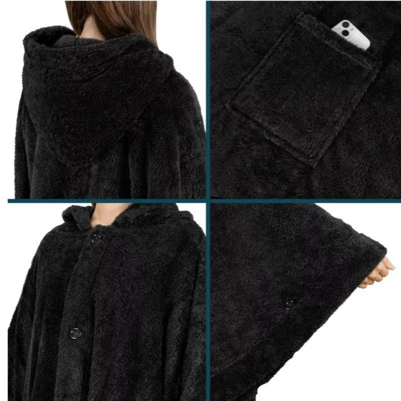 Thickened hooded bathrobe in polyester shown in black, dark grey, and pink colour options.
