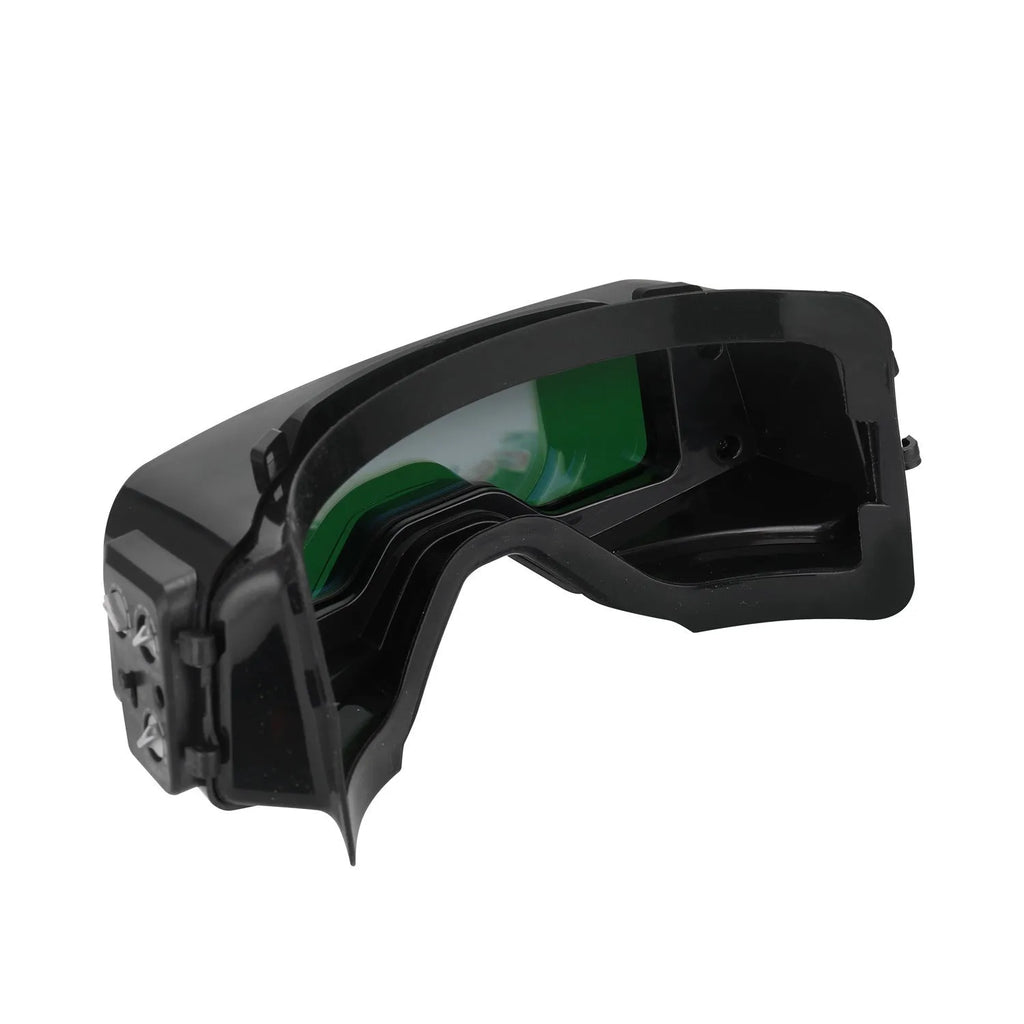 Black automatic darkening welding mask with large viewing lens and head strap.