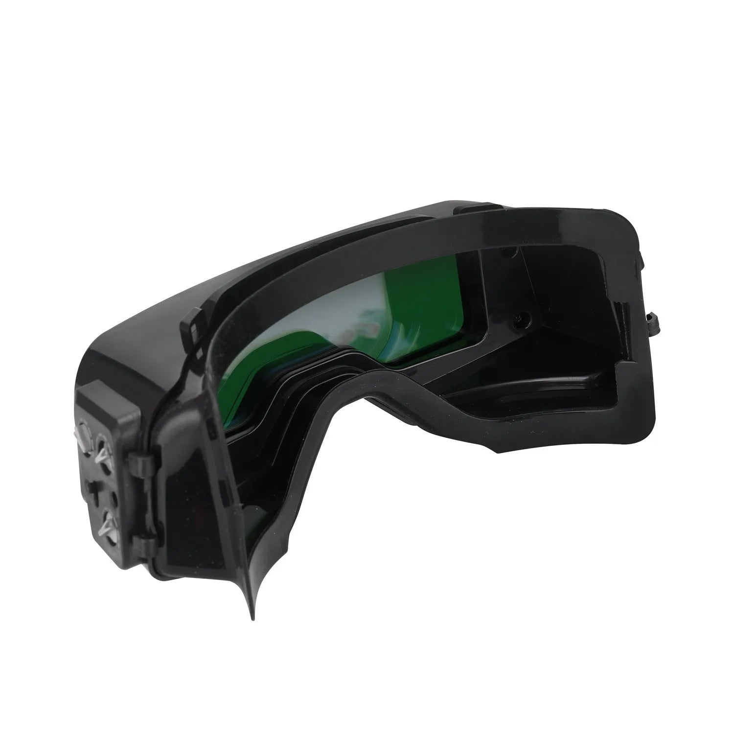 Black automatic darkening welding mask with large viewing lens and head strap.
