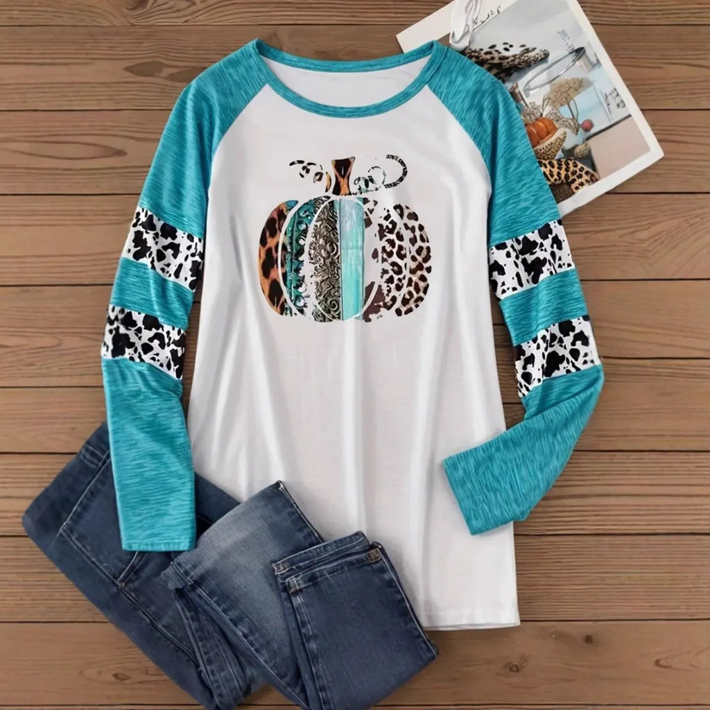 Sky blue polyester t-shirt with detailed 3D Halloween pumpkin printing, long sleeves, Japanese Korean casual style