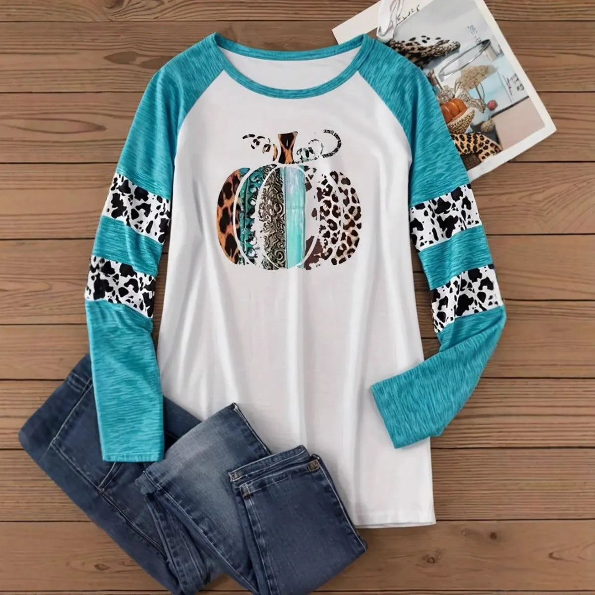 Sky blue polyester t-shirt with detailed 3D Halloween pumpkin printing, long sleeves, Japanese Korean casual style