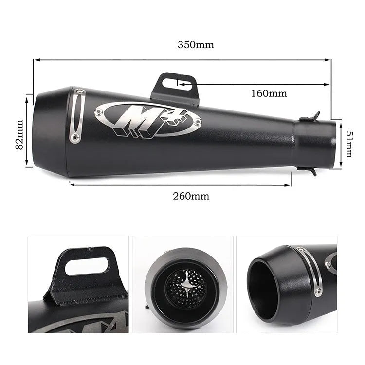 M4 universal motorcycle exhaust pipe in titanium, black and blue finish options