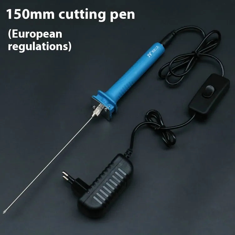 Blue plastic-handled electric foam cutting pen with adapter for polystyrene and pearl cotton.