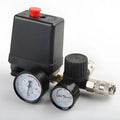 Air compressor pressure regulating valve assembly with pressure gauge and electrical connections