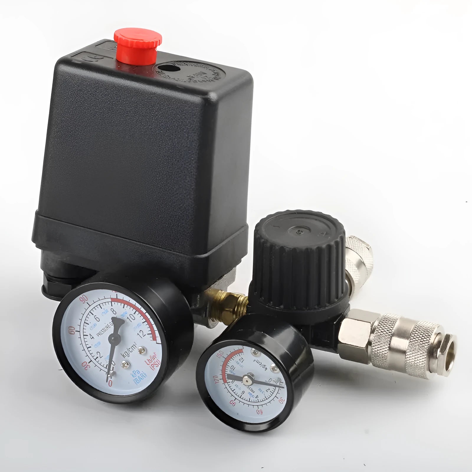 Air compressor pressure regulating valve assembly with pressure gauge and electrical connections
