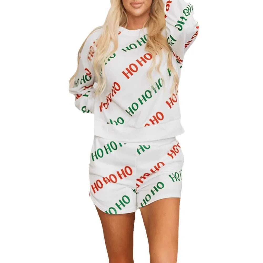 Women's white polyester two-piece suit with letter print, long sleeves, and fifth pants