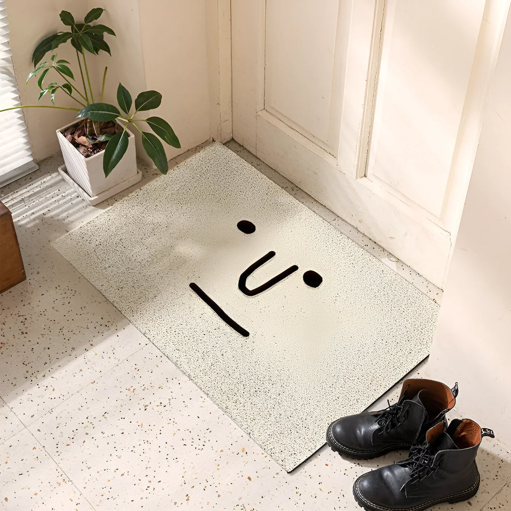 Square PVC floor mat with cartoon Mr Big Nose facial expression geometric pattern for household use