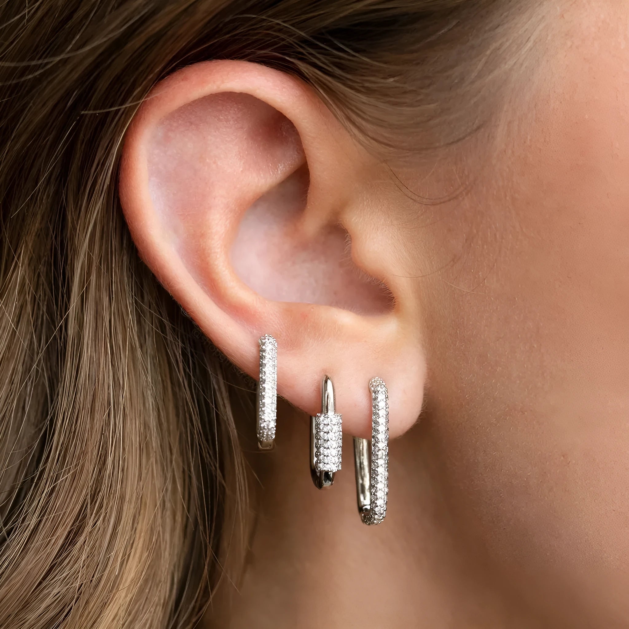Geometric copper ear clip three-piece set with inlaid zircon stones in gold or white finish