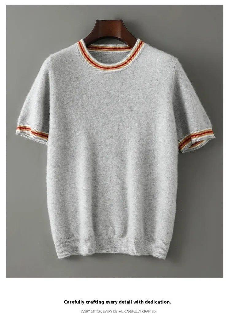 Men's grey pure wool short sleeve sweater with a round neck on a hanger.