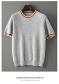 Men's grey pure wool short sleeve sweater with a round neck on a hanger.