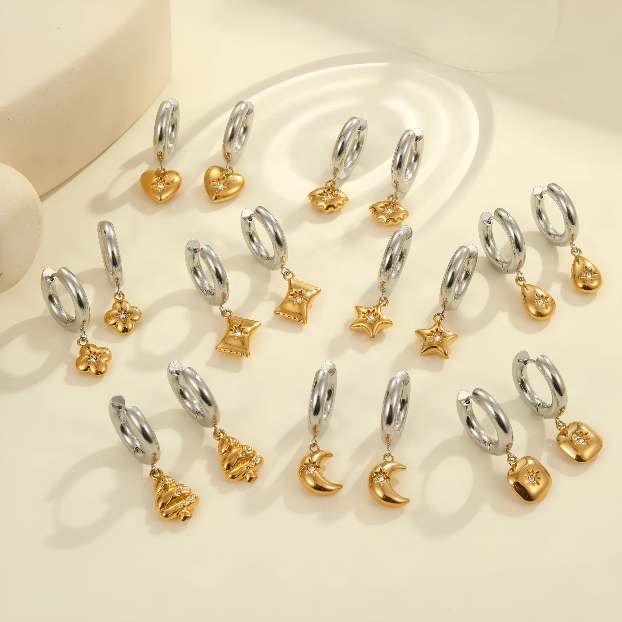 Christmas tree heart earrings stainless steel 18K gold electroplated geometric star design