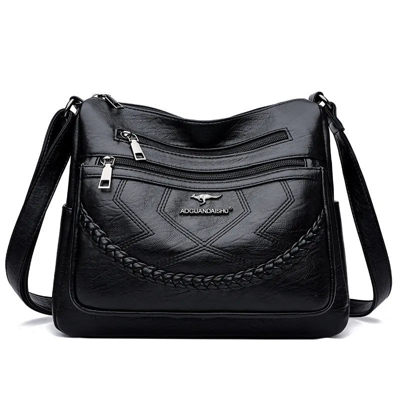 Soft leather women's crossbody shoulder bag in horizontal square shape with large capacity