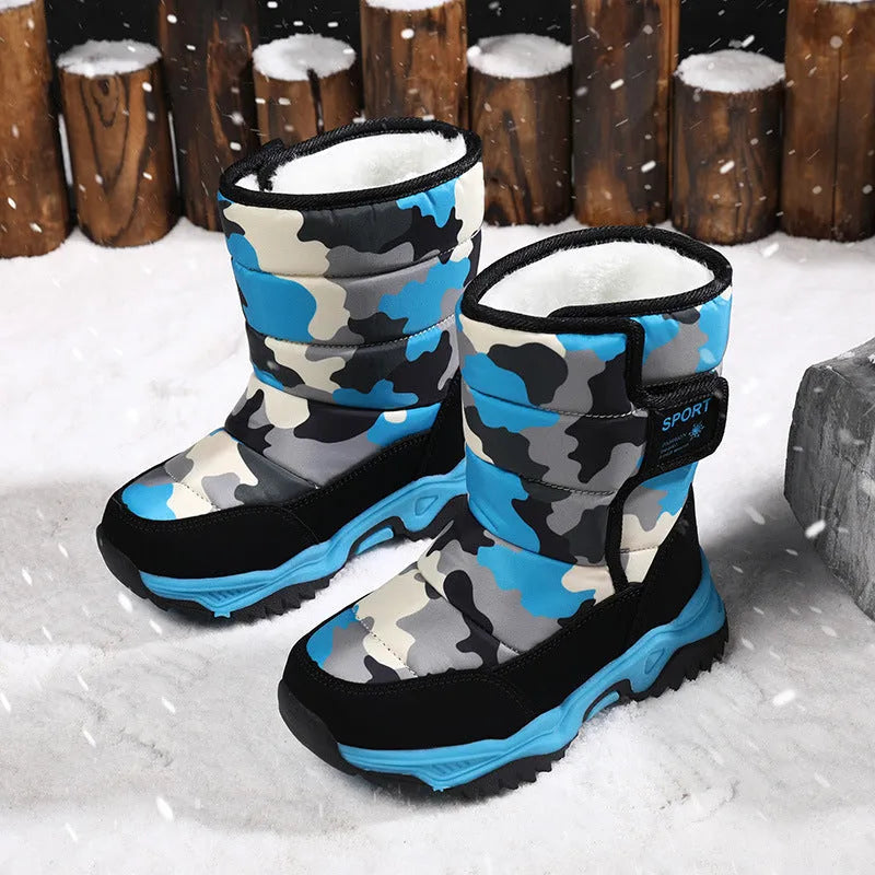 High-top camouflage unisex kids cotton shoes with hook and loop closure on a child