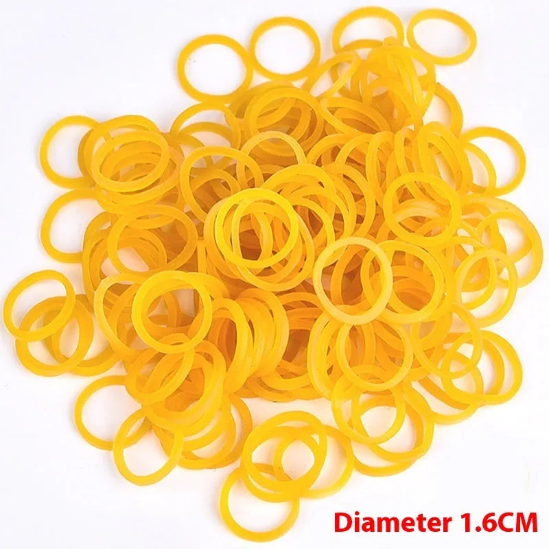 500g bulk pack of assorted bright yellow rubber bands in multiple sizes on a white background.