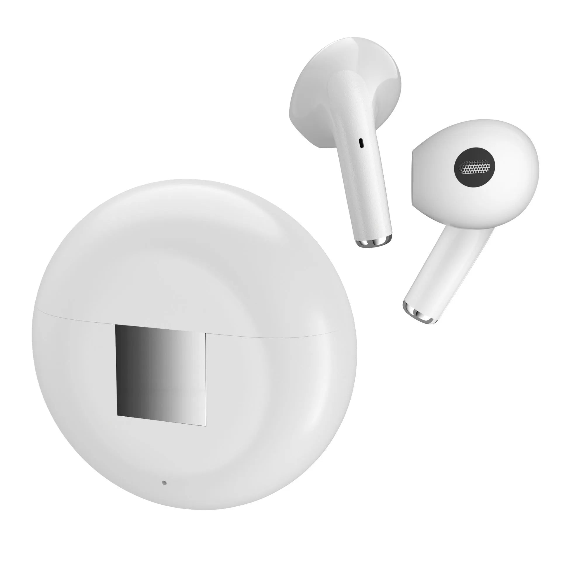 White Budz5 wireless Bluetooth earbuds with charging case featuring noise reduction technology
