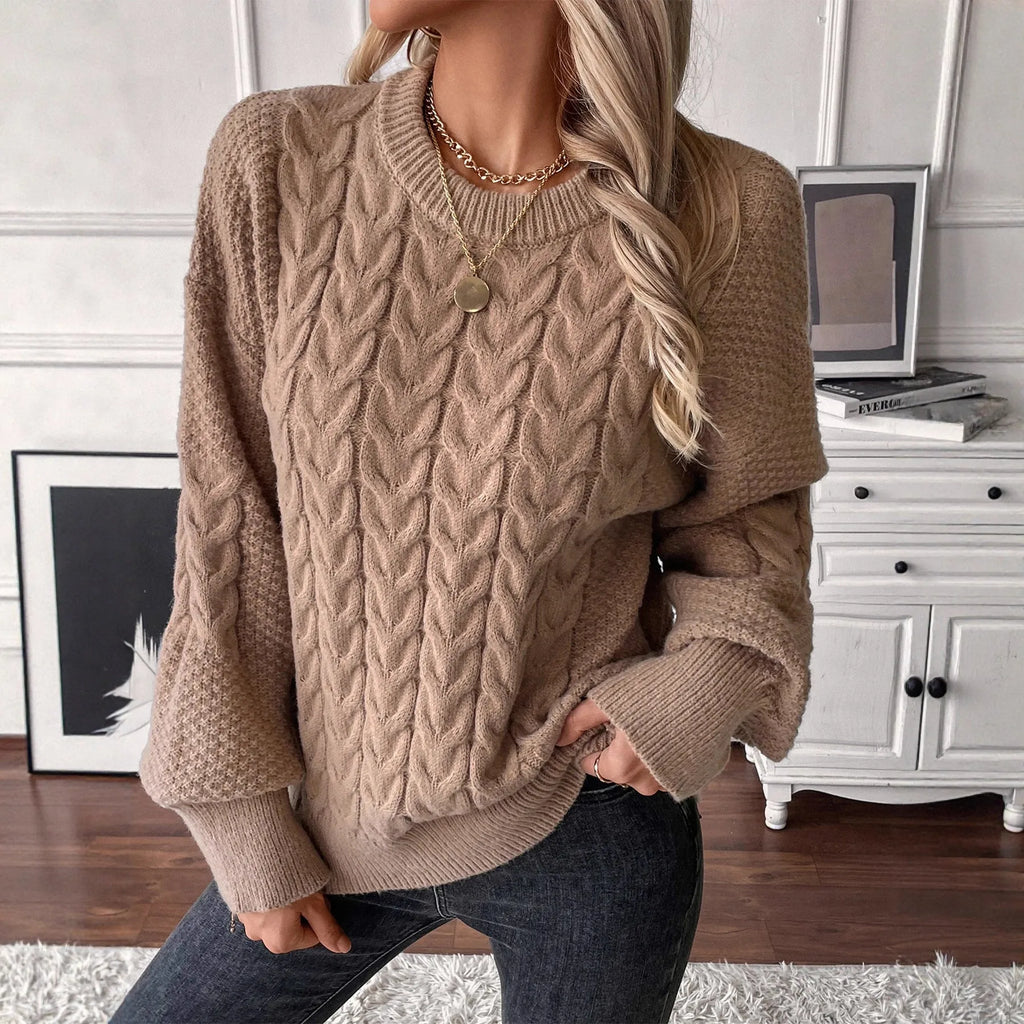 Women's beige casual pullover sweater with twist detail, round neckline and loose fit