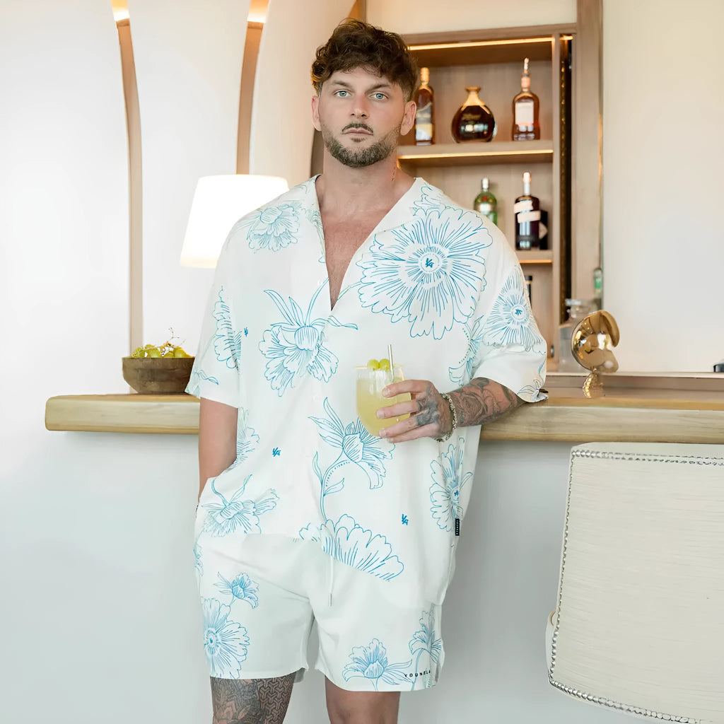 Men's printed loose-fit short sleeve top with flower pattern in multiple colour options