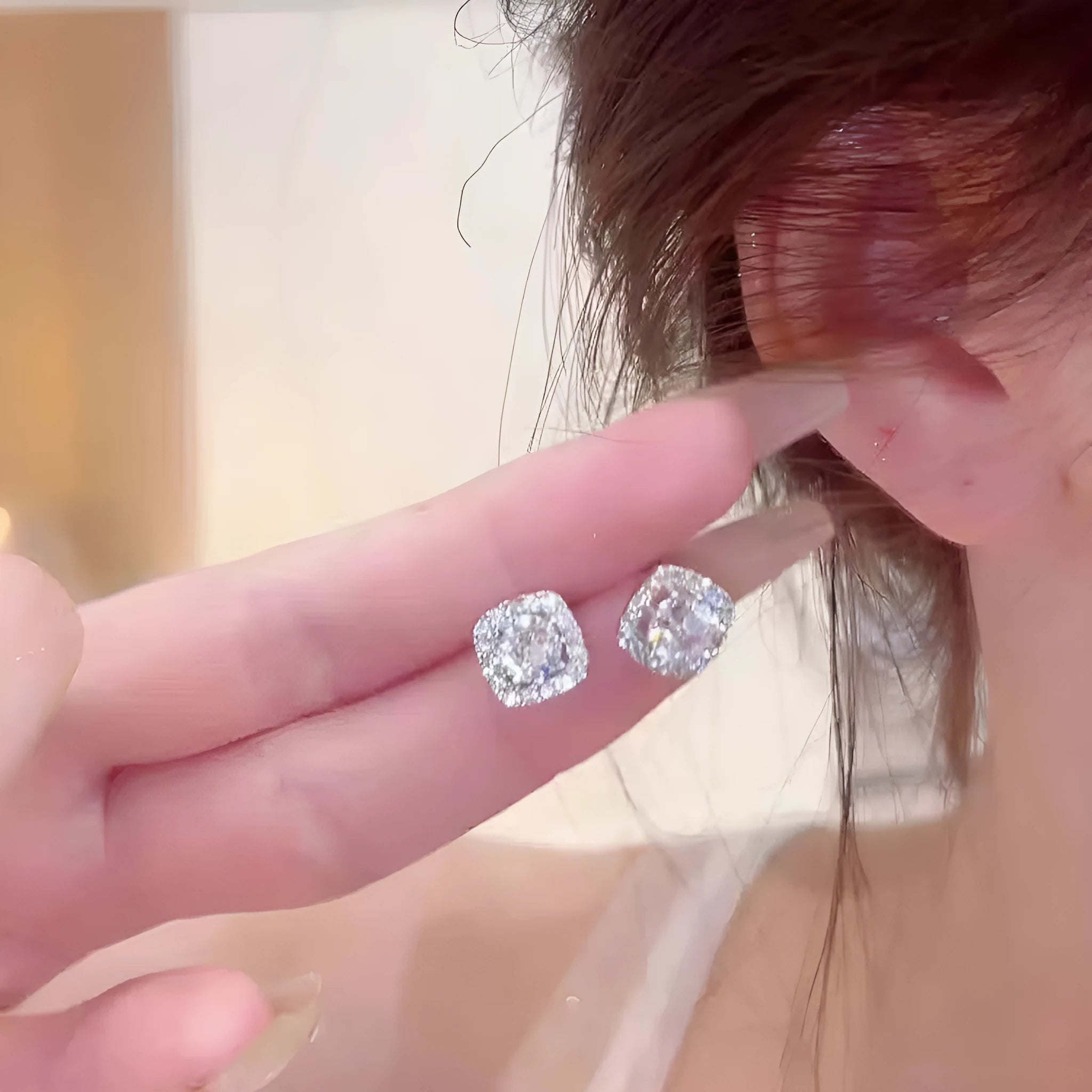 Square geometric diamond earrings for women in silver and gold alloy colours
