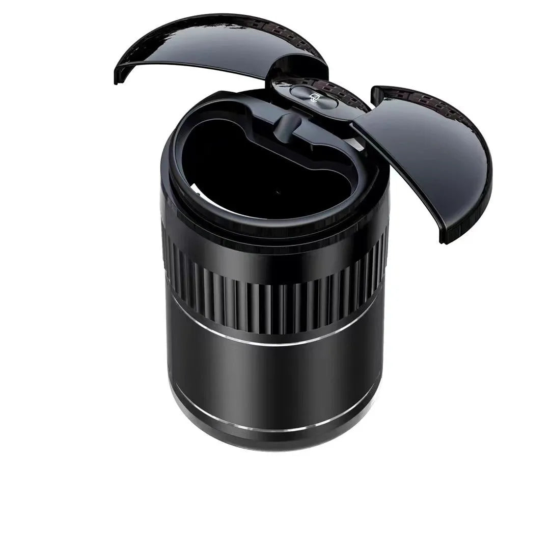 Smart infrared and touch control metal car ashtray in black, 113mm by 72mm, with lid closed