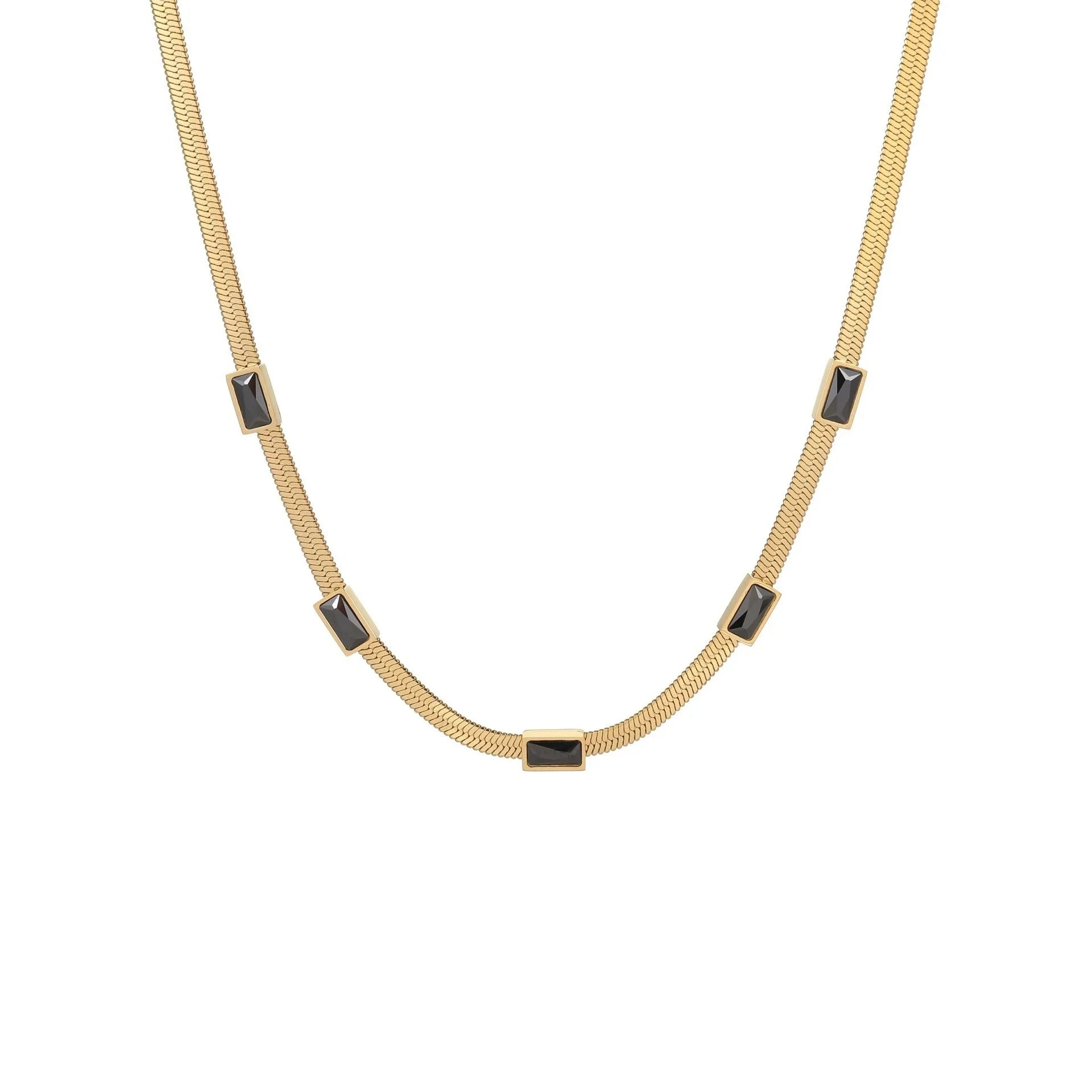 Retro geometric square zircon necklace with stainless steel flat snake chain in gold or steel colour