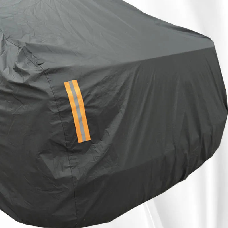 Grey PVC chemical fibre Volkswagen car cover shown in S, M, L, XL, and 2XL sizes for outdoor weather protection.