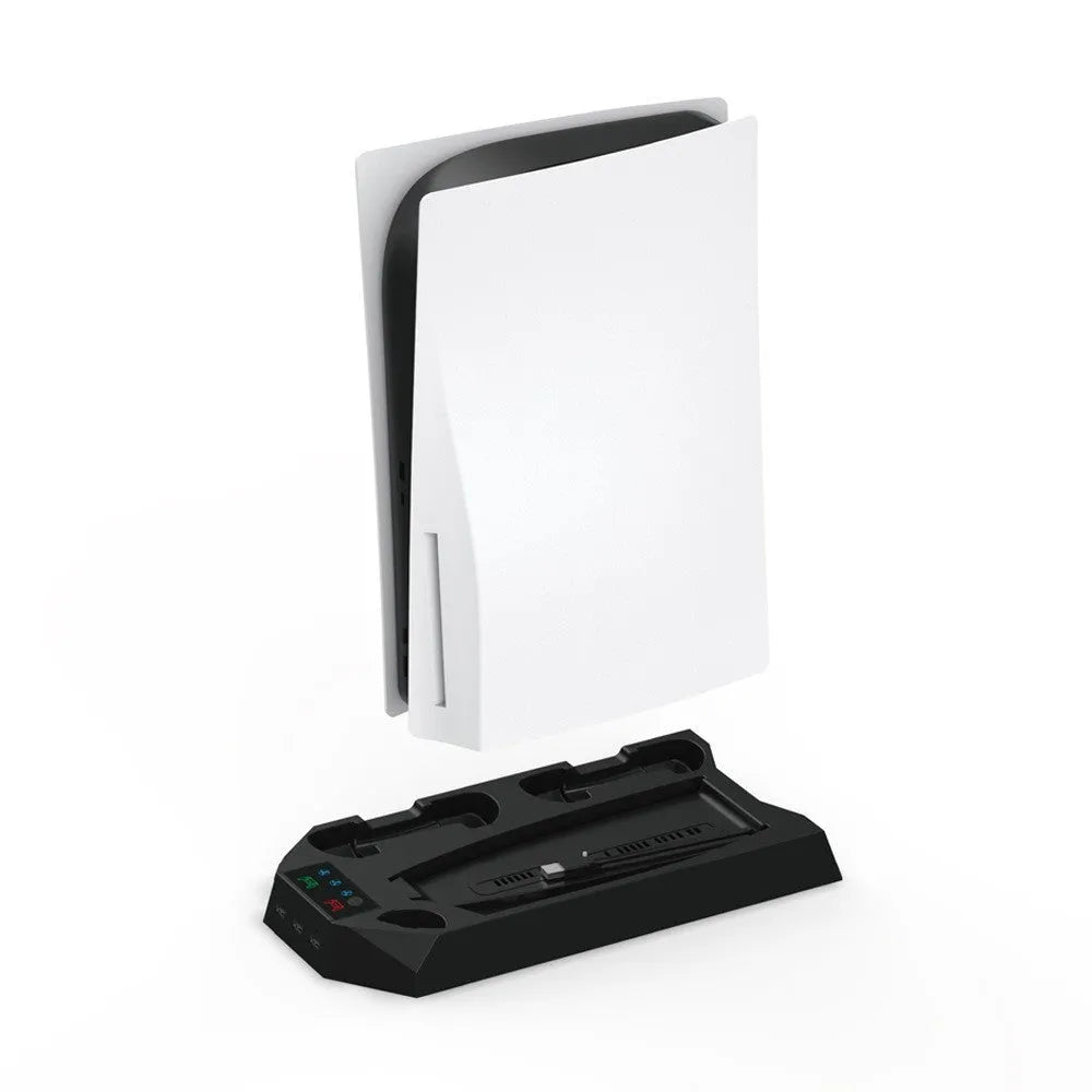 PS5 charging base and radiator stand in black or white with space for console, controllers and headset