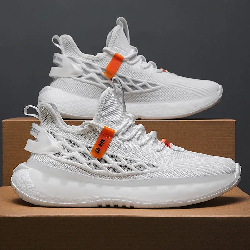Men's white low-top lace-up sneaker with woven mesh upper and flat rubber sole on a neutral background.
