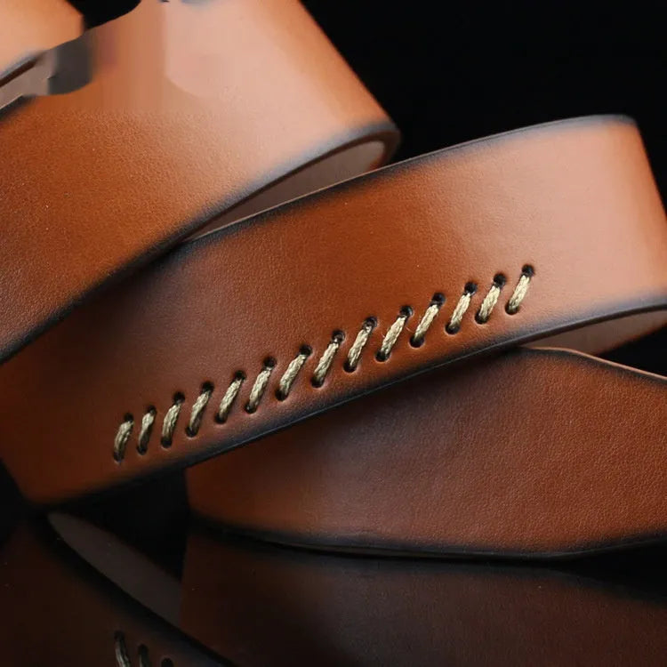 Men's imitation leather belt with pin buckle in black, brown or white colours showing retro pattern detailing