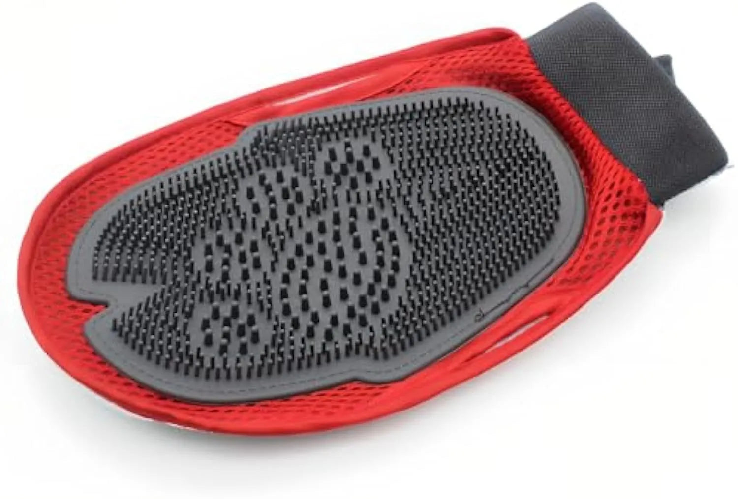 Red pet bathing glove with integrated brush design for hair removal during pet grooming