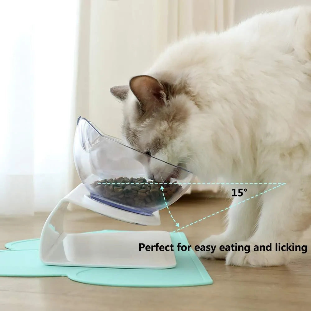Non slip double transparent cat bowl with raised stand and 15 degree tilt for pet feeding