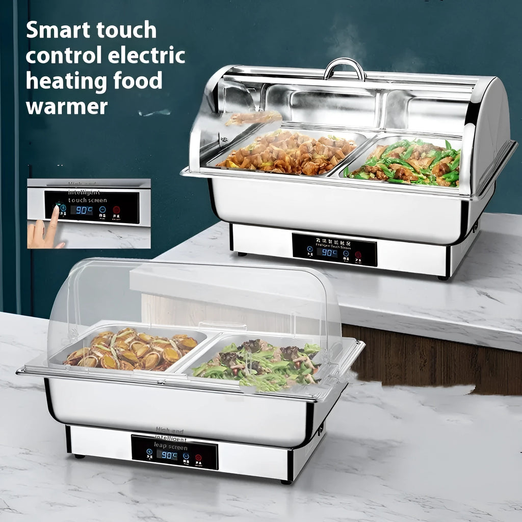 Stainless steel electric buffet stove with transparent flip lid showing food inside, LCD temperature display