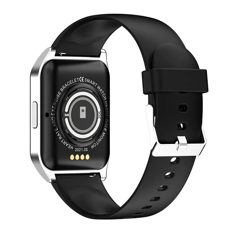Black or silver smart watch with heart rate monitor, Bluetooth call function, and 1.69-inch touch screen