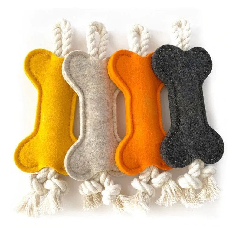 Blue bone-shaped dog toy made of felt with rope knots, shown on a white background.