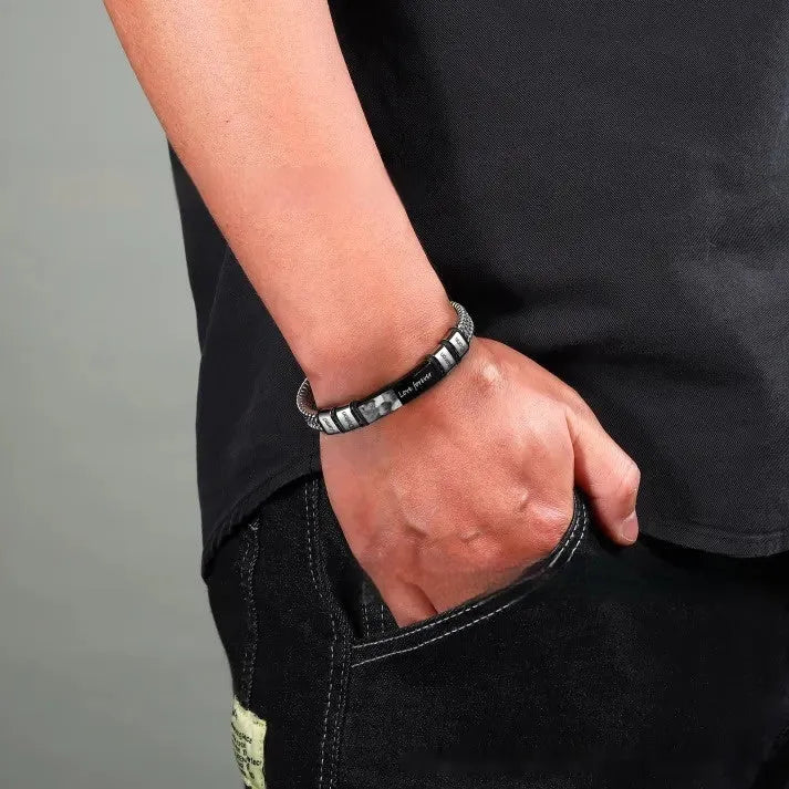 Titanium steel lettering bracelet with leather rope and heart shape bead